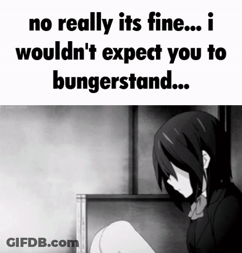 A Black And White Image With The Words No Really Its Fine I Wouldn 'T Expect You To Bungestand GIF