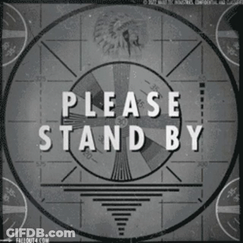 A Black And White Image With The Words Please Stand By GIF