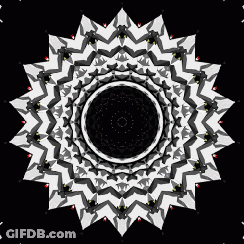 A Black And White Kaleidoscope With A Red Circle In The Center GIF
