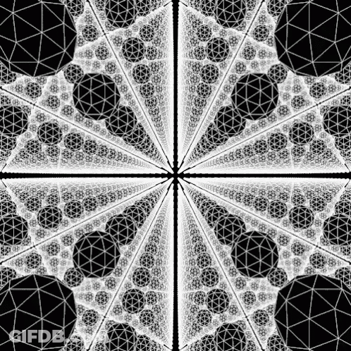 A Black And White Kaleidoscope With Circles And Triangles In A Circular Pattern . GIF