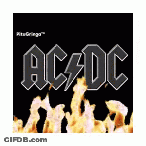 A Black And White Logo For Ac Dc With Flames In The Background GIF