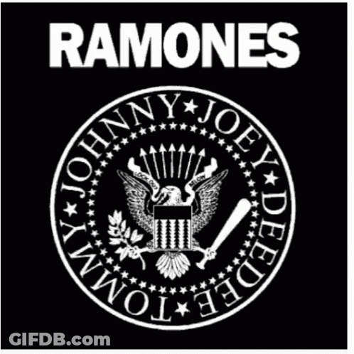 A Black And White Logo For Ramones With A Eagle And Bat GIF