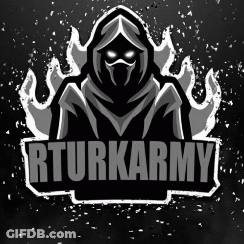 A Black And White Logo For Rturkarmy With A Hooded Figure GIF