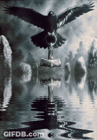 A Black And White Painting Of A Bird Flying Over A Cross In The Water GIF