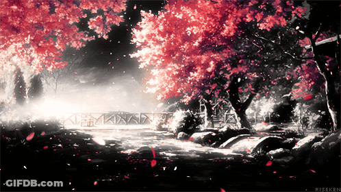 A Black And White Painting Of A Bridge Surrounded By Trees With Red Leaves GIF