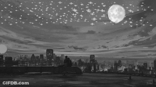 A Black And White Painting Of A City At Night With A Full Moon And Stars GIF
