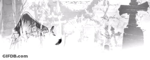 A Black And White Painting Of A Cross And Mountains GIF