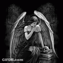 A Black And White Painting Of A Gothic Angel Holding A Skull . GIF