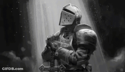 A Black And White Painting Of A Knight Holding A Sword In A Dark Room . GIF