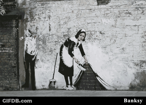 A Black And White Painting Of A Maid Cleaning A Brick Wall With The Word Banksy On The Bottom GIF