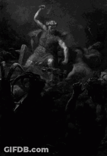 A Black And White Painting Of A Man Holding A Hammer In A Cave Surrounded By Demons . GIF