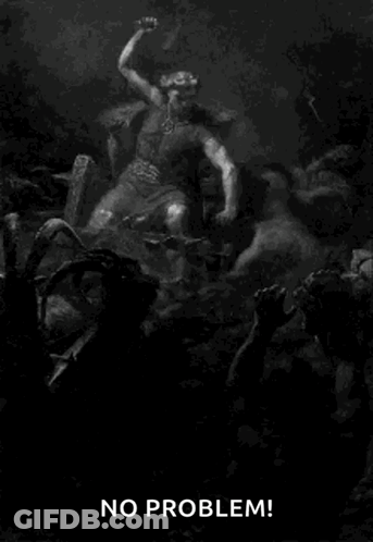 A Black And White Painting Of A Man Holding A Hammer Surrounded By Demons And A Goat . GIF