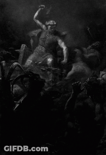 A Black And White Painting Of A Man Holding A Large Hammer GIF
