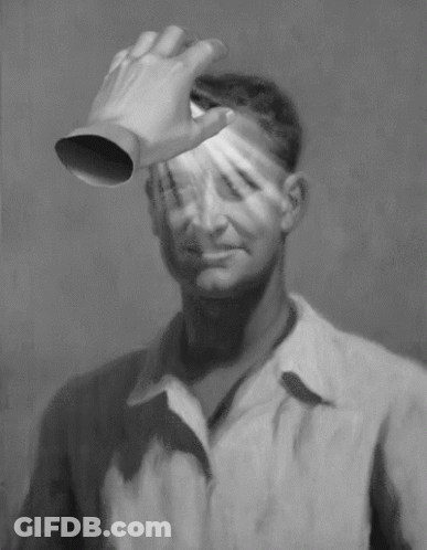 A Black And White Painting Of A Man With A Hand Covering His Eyes GIF