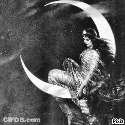A Black And White Painting Of A Woman Sitting On The Crescent Moon GIF