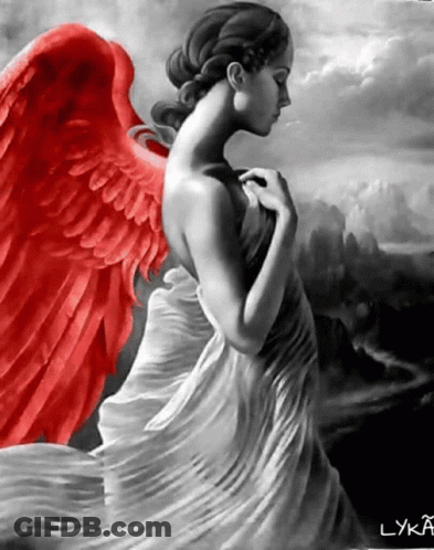 A Black And White Painting Of A Woman With Red Angel Wings GIF