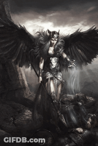 A Black And White Painting Of A Woman With Wings And A Sword GIF