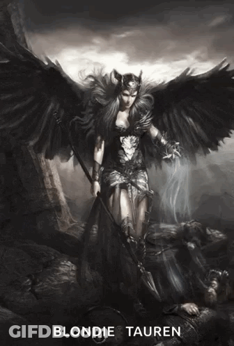 A Black And White Painting Of A Woman With Wings And The Name Blondie Tauren On The Bottom GIF
