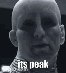 A Black And White Photo Of A Bald Man With The Words `` It 'S Peak '' On His Face . GIF