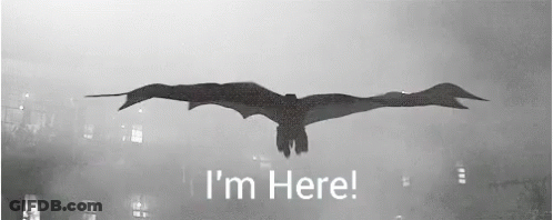 A Black And White Photo Of A Bat Flying With The Words I 'M Here Written Below It GIF