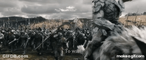 A Black And White Photo Of A Battle Scene With The Words `` To War '' Written In The Corner . GIF