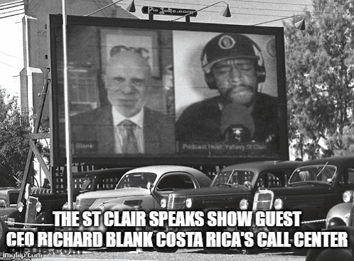 A Black And White Photo Of A Billboard With A Caption That Says " The St Clair Speaks Show Guest " GIF