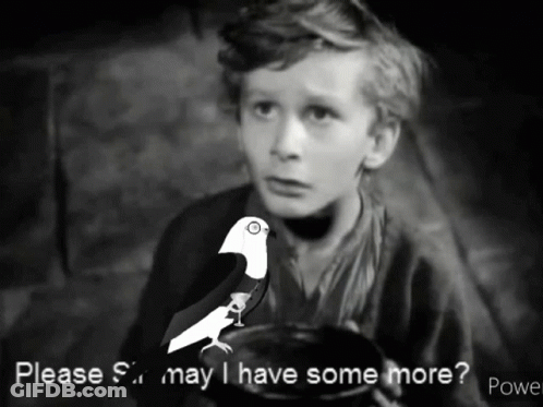 A Black And White Photo Of A Boy And A Bird With The Words " Please Sir May I Have Some More " Below Him GIF