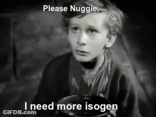 A Black And White Photo Of A Boy Holding A Bowl Of Food With The Caption Please Nuggie I Need More Isogen GIF