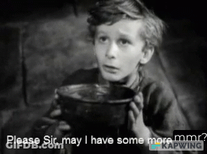 A Black And White Photo Of A Boy Holding A Bowl With The Caption " Please Sir May I Have Some More Mmr ? " GIF