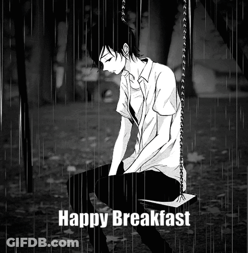 A Black And White Photo Of A Boy Sitting On A Swing In The Rain With The Words Happy Breakfast Below Him GIF