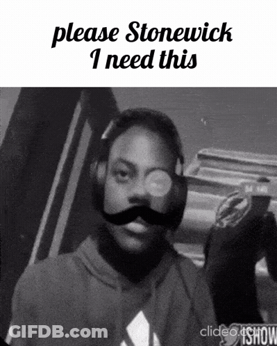 A Black And White Photo Of A Boy With A Mustache And The Words Please Stonewick I Need This At The Top GIF