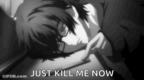 A Black And White Photo Of A Boy With Glasses Laying On The Floor With The Words `` Just Kill Me Now '' Written Below Hi GIF