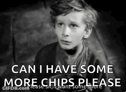 A Black And White Photo Of A Boy With The Words " Can I Have Some More Chips Please " GIF