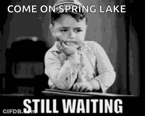 A Black And White Photo Of A Boy With The Words Come On Spring Lake Still Waiting Below Him GIF