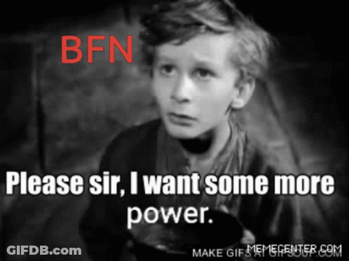 A Black And White Photo Of A Boy With The Words Please Sir I Want Some More Power On The Bottom GIF