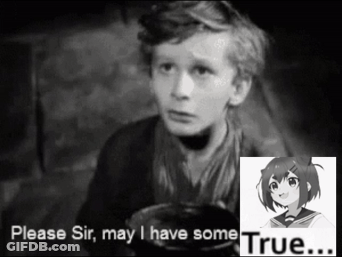 A Black And White Photo Of A Boy With The Words " Please Sir May I Have Some True " Next To Him GIF