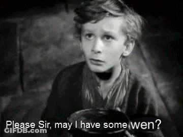 A Black And White Photo Of A Boy With The Words Please Sir May I Have Some Wen GIF