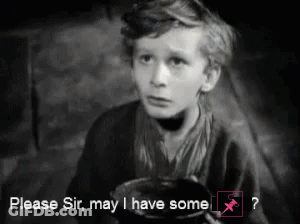 A Black And White Photo Of A Boy With The Words Please Sir May I Have Some Written Below Him GIF