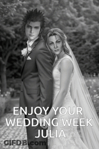 A Black And White Photo Of A Bride And Groom With The Text Enjoy Your Wedding Week Julia GIF