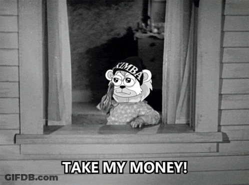 A Black And White Photo Of A Cartoon Character Asking To Take His Money GIF