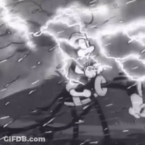 A Black And White Photo Of A Cartoon Character Being Struck By Lightning . GIF