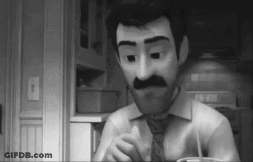 A Black And White Photo Of A Cartoon Man With A Mustache Eating A Meal . GIF