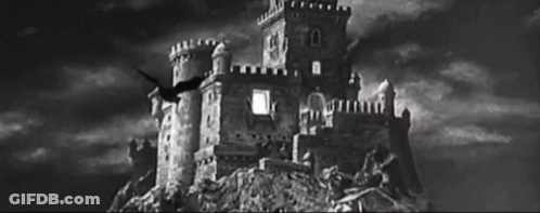 A Black And White Photo Of A Castle On Top Of A Hill With The Number 10 On The Top GIF