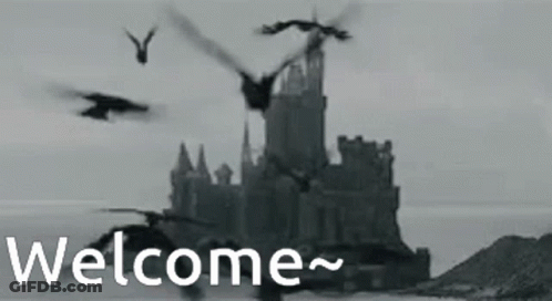 A Black And White Photo Of A Castle With Birds Flying In Front Of It And The Words Welcome Below It GIF