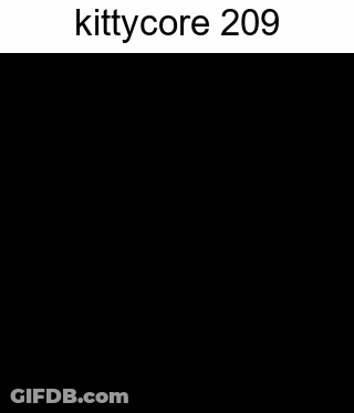 A Black And White Photo Of A Cat 'S Face With The Words `` Kittycore 209 '' Written Above It . GIF