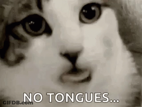 A Black And White Photo Of A Cat 'S Face With The Words `` No Tongues ... '' Written On It . GIF