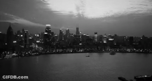 A Black And White Photo Of A City Skyline And A Lake GIF