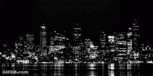 A Black And White Photo Of A City Skyline At Night Taken By Great-Freedom GIF