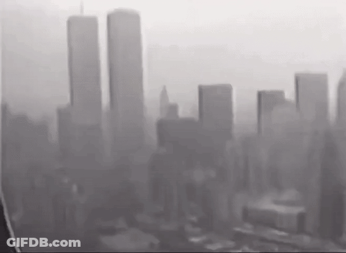 A Black And White Photo Of A City Skyline With A Few Buildings In The Distance . GIF