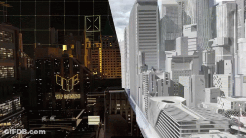 A Black And White Photo Of A City With A Sign That Says " The Gaming " GIF